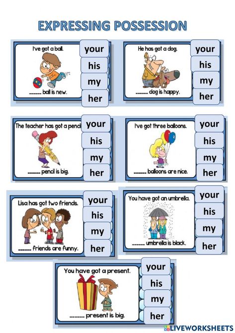 Possessive adjectives online worksheet for THIRD GRADE. You can do the exercises online or download the worksheet as pdf. Possesive Pronounce Worksheets, Possessive Adjectives For Kids, Posessive Pronouns, Possessive Adjectives Worksheets, Adjectives For Kids, English Pronouns, Adjectives Activities, Summer Preschool Activities, Possessive Nouns