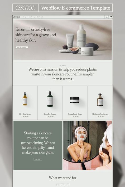 Introducing you to Essence Skincare E-commerce template. With its elegant and modern style, it focuses on simplicity and bringing the best possible shopping experience to your customers. With this e-commerce template that we have created for you, you will find all you need to create your online store that is easily customizable to make it match your brand. Website Skincare | Website Template | E-commerce Template | Webflow Website | Web Design | Web Design Inspo Beauty Web, Online Store Website, Online Store Design, 포트폴리오 레이아웃, Ecommerce Website Template, Banner Web, Dropshipping Business, Dropshipping Store, Shopify Website Design