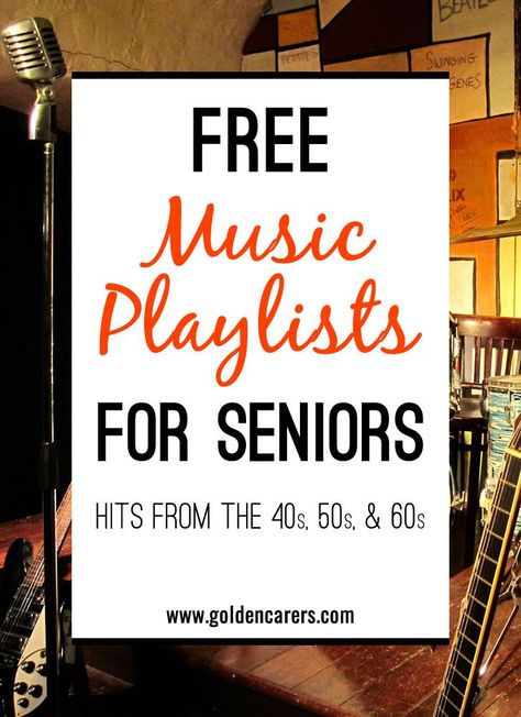 Music has been proven to be very beneficial for the elderly in long term care, particularly those living with dementia or Alzheimer's Disease. Here are some wonderful free playlists of famous songs from the 40s, 50s & 60s! Memory Care Activities, Alzheimers Disease, Senior Living Activities, Famous Songs, Therapeutic Recreation, Alzheimers Activities, Nursing Home Activities, Recreation Therapy, Elderly Activities