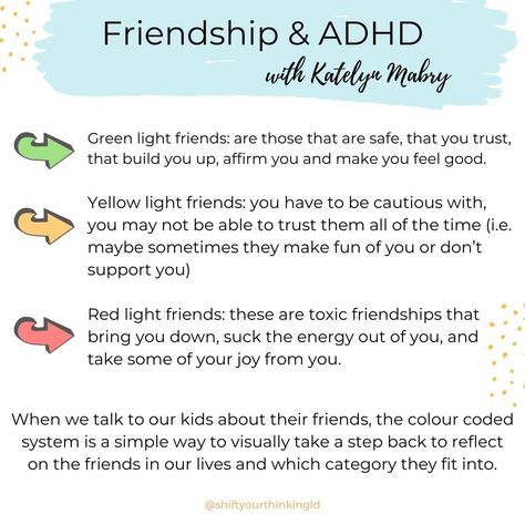 We had Katelyn Mabry as a guest expert on one of our SYT Learn calls all about Friendships and ADHD. Katelyn discussed the importance of positive friendships, and helping our kids to understand the different types of friendships in their lives. She shared a strategy of using a “colour” system as a framework to discuss friendships with your child. You can check out Katelyn's SYT Learn Masterclass at the link in our bio. Types Of Friendships, One Sided Friendship, Toxic Friendships, Struggle Bus, Learning Differences, Learning Disabilities, Mental And Emotional Health, Health Info, Body Language