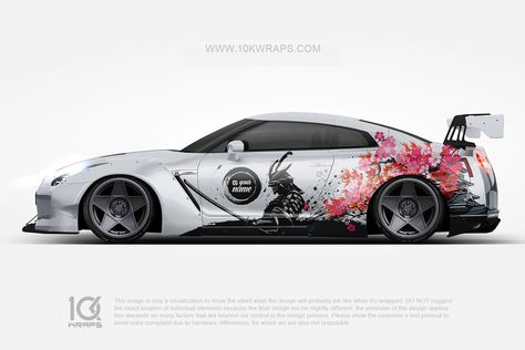 Samurai Cherry Blossoms With 2021 Nissan GTR #itasha #samurai #cherryblossoms #cherry #nissan #gtr #10kwraps Custom Car Stickers, Anime Decals, Car Max, Anime Designs, Afro Samurai, Purple Car, Drift Trike, Car Wrap Design, Drifting Cars