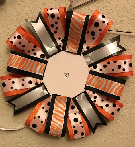 Orange black and white polka dot and zebra print homecoming mum backer. Designed by crafty bug Homecoming Mum Backer, Big Homecoming Mums, Kids Cubby, Texas Mums, Homecoming Mums Senior, Homecoming Corsage, Football Mums, Texas Homecoming Mums, Homecoming Spirit