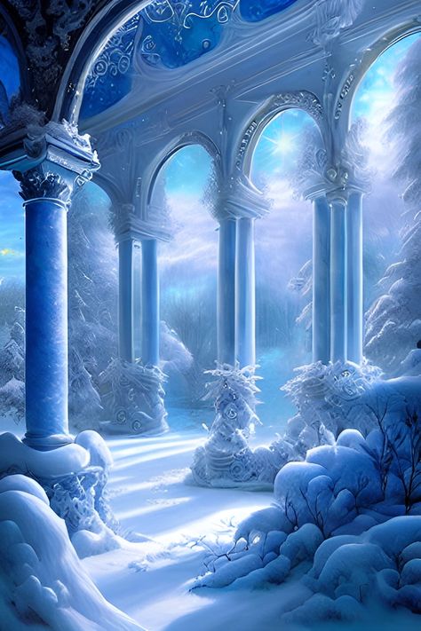 Ice Kingdom Fantasy Art, Fantasy Landscape Snow, Fantasy Ice Landscape, Fantasy Ice Kingdom Aesthetic, Fantasy Snow Landscape, Ice Bedroom Fantasy Art, Fantasy Ice Castle, Ice Castle Concept Art, Fantasy Ice Castle Interior