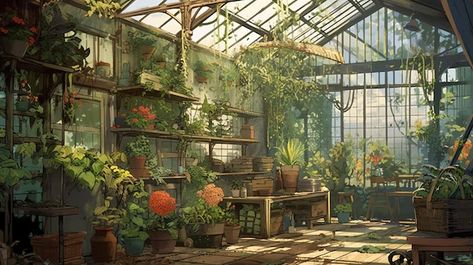 Fantasy Greenhouse Concept Art, Greenhouse Fantasy Art, Greenhouse Concept Art, Fantasy Greenhouse, Greenhouse Wallpaper, Greenhouse Art, Dnd Campaign, Flowers Illustration, Floral Shop