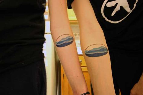 The Blue Ridge Mountains by Nate Hatfield of Blue Flame Tattoo; Raleigh, NC - Imgur Blue Flame Tattoo, Watercolor Mountains Tattoo, Small Mountain Tattoo, Mountain Range Tattoo, Mountains Tattoo, Flame Tattoo, Gay Tattoo, Blue Ridge Mountain, Hiking Tattoo