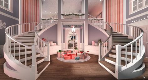 Bloxburg Double Staircase, Entryway Idea Bloxburg, Staircase Bloxburg Ideas, Bloxburg Sorority House, Bloxburg Grand Entrance, Bloxburg Grand Staircase, Stairway Bloxburg, Bloxburg Custom Stairs, Foyer Bloxburg