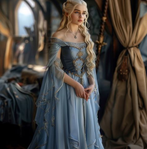 Game Of Thrones Blue Dress, Blue Medieval Dress Princesses, Regal Fantasy Outfits, Targaryen Dresses Aesthetic, House Arryn Dress, Light Blue Medieval Dress, Blue Princess Dress Aesthetic, Midevil Dresses Princesses, House Of The Dragon Outfit Ideas