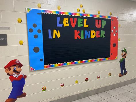 Level Up Classroom Door, Nintendo Switch Bulletin Board, Video Game Hallway Theme, Nintendo Bulletin Board, Gaming Theme Classroom, Video Game Themed Bulletin Boards, Mario School Theme, Video Game Classroom Door Ideas, Gaming Classroom Decor