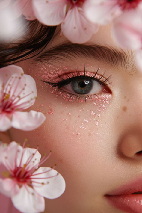 Sakura Blossom Eyeshadow Ideas For Japanese Beauty Romantic Eyeshadow, Cherry Blossom Eyeshadow, Japanese Eyeshadow, Sakura Makeup, Cherry Blossom Makeup, Pink Eyeshadow Looks Korean, Eyeshadow Simple, Blossom Makeup, Pink Eyeshadow Korean