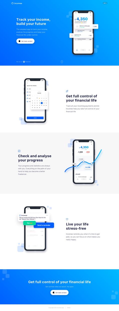 App Introduction Design, Ui Landing Page, Mobile App Landing Page, Blue Website, Startup Design, Income Tracker, Ui Website, Product Marketing, App Landing Page