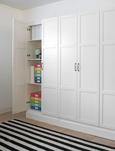 DIY Built-In Storage Cabinet Wall Closet Living Room Wall, Sewing Room Cabinets Built Ins, Wall Unit Storage Ideas, Basement Cabinets Storage, Playroom Cabinets Toy Storage, Built In Wall Of Cabinets, Wall To Wall Cabinets Built Ins Storage, Indoor Storage Room Ideas, Bedroom Wall Of Storage