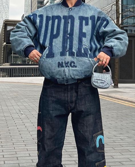 Y2k Varsity Jacket Outfit, Supreme Denim Jacket, Supreme Varsity Jacket, Evisu Denim Jacket, Diesel Jeans Outfit, Denim Varsity Jacket Outfit, Blue Varsity Jacket Outfit, Trenton Core, Evisu Jacket