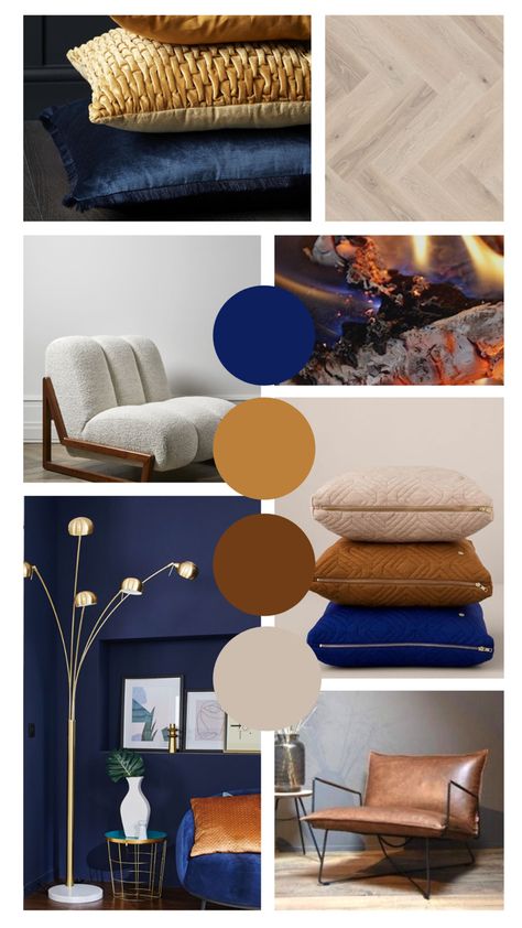 Navy And Brown Bedroom Ideas, Vintage Contemporary Decor Living Room, Cobalt Blue Color Combinations, Navy Blue Curtains Living Room Ideas, Masculine Color Palette, Blue And Gold Living Room, Brown And Blue Living Room, Blue Sofas Living Room, Navy Living Rooms