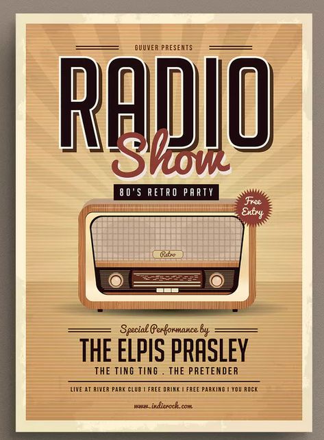 Retro Radio Party Flyer Template AI, PSD. Download Retro Radio Illustration, Retro Flyer Design, Radio Poster Design, 80s Poster Design, Retro Brochure, Radio Poster, Retro Library, Logo Challenge, Radio Advertising