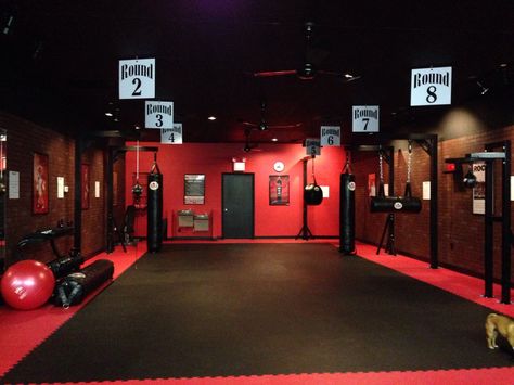 The final product, the inside of the gym! Boxing Gym Design, Jiu Jitsu Gym, Dojo Design, Kickboxing Gym, Martial Arts Gym, Muay Thai Gym, Kickboxing Classes, Gym Design Interior, Home Gym Garage