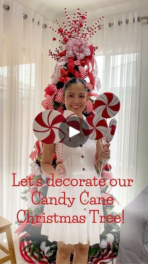 1.8K views · 62 reactions | Let’s decorate our candy cane Christmas tree. 🎄After adding the topper and ribbons, I began incorporating the large baubles and ornaments I have. I also clustered red and white small baubles to create larger ornaments; you can see how I did it in my previous reels where I featured a gold-themed Christmas tree. 🎄I have these big peppermint picks that I’ll place on the side of the tree. Some of these I bought from a store, and the two larger ones are DIY creations from three years ago. 🎄I placed the bauble picks around the tree, made of baubles attached to wire. I’ll share a tutorial on how I made them soon. You can also buy this in stores. 🎄I also crafted spiral picks using pipe cleaners and added them to the topper. 🎄Then, I added all the candy canes, small Candy Cane White Christmas Tree, Diy Peppermint Candy Ornaments, Gingerbread Peppermint Christmas Tree, Peppermint Theme Christmas Decor, Diy Peppermint Decorations, Candy Cane Christmas Tree Theme Decorating Ideas, Christmas Tree Candy Cane Theme, Candy Cane Christmas Tree Theme, Candy Cane Tree Decorations