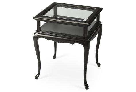 Crafted of poplar with cherry veneers, this table offers classic curves and a beautifully carved apron. Its hinged glass top creates the perfect opportunity for displaying a vignette or favorite...18"W x 20"D x 24.5"H Curio Table, Unique End Tables, Glass End Tables, Carved Legs, Black Licorice, Black Rectangle, Wood Glass, Licorice, Glass Table