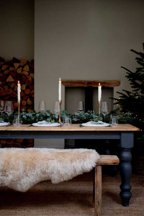 Modern Scandinavian Festive table setting inspo Dining Room Renovation, Hygge Home, Thick Wool, Shopping Event, Christmas Table Settings, Sheepskin Rug, Scandinavian Inspired, A Chair, Rustic Design