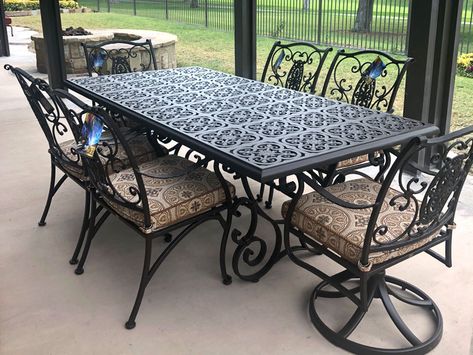 Wrought iron outdoor dining table and chairs from the OW Lee San Cristobal collection. Iron Patio Furniture, Wrought Iron Patio Furniture, Wrought Iron Table, Patio Fireplace, Dining Table And Chairs, Outdoor Tables And Chairs, Patio Lounge, Patio Dining Set, Cool Chairs