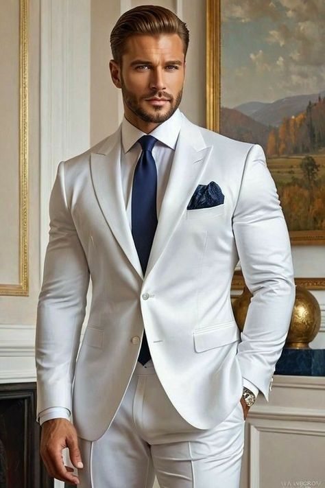 White And Blue Suit, Mens Lifestyle Fashion, Mens White Suit, Mens Casual Outfits Summer, Wedding Suits Groom, Dress Suits For Men, White Suit, Fashion Suits For Men, African Men Fashion