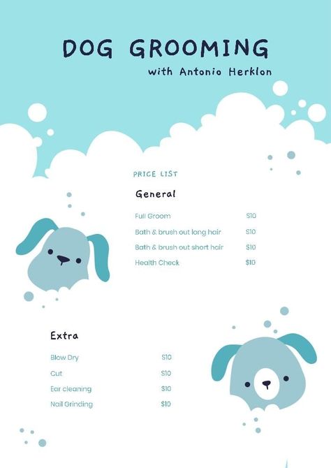 Pet Grooming Poster, Dog Grooming Price List, Grooming Price List, Price List Ideas, Cute Dog Grooming, Pet Grooming Business, Flat Plan, Mobile Pet Grooming, Pet Grooming Salon