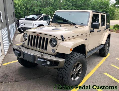 Jeep Wrangler with Yukon gears and master install kits, Mickey Thompson ATZ P3 tires, Clayton Off Road 3.5” premium suspension system with Bilstein B8 5100 shocks, Magnaflow exhaust system, and an aFe POWER cold air intake kit. Call Gas Pedal Customs for all of your Jeep performance and accessory needs! Submit quote requests on our website. https://gaspedalcustoms.com Black Jeep Wrangler Tan Interior, Jeep Add Ons, Cream Jeep Wrangler, Jeep Wrangler Beige, Tan Jeep Wrangler, Brown Jeep, Tan Jeep, Offroad Accessories, Lifted Jeep Wrangler