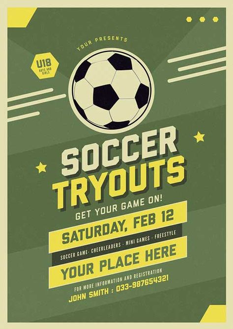 Soccer Tryout Flyer and Poster Template - https://ffflyer.com/soccer-tryout-flyer-and-poster-template/ Soccer Tryout Soccer Flyer Design, Vbg Zoom, Sport Event Poster, Soccer Tryouts, Soccer Design, Soccer Event, Family Help, Soccer Poster, Club Poster