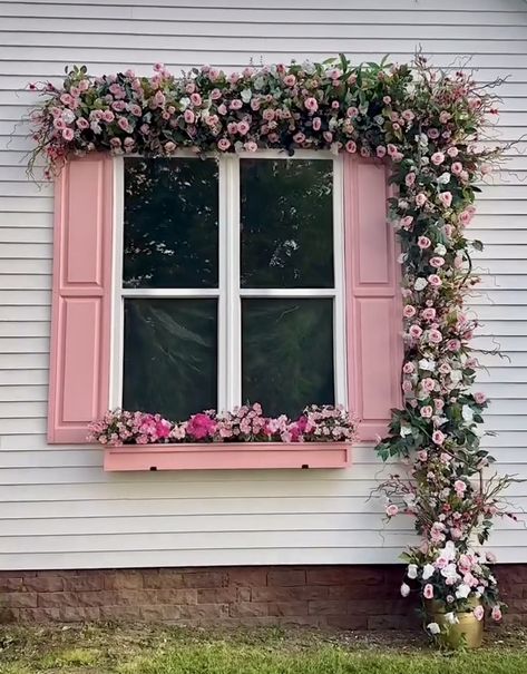 Pink Window Frame, Pink Glass Window, Pink Awning Store Fronts, Pink Shutters, Bougainvillea Window, Dollhouse With Pink Door, Future Garden, Cottage Cabin, Industrial Loft