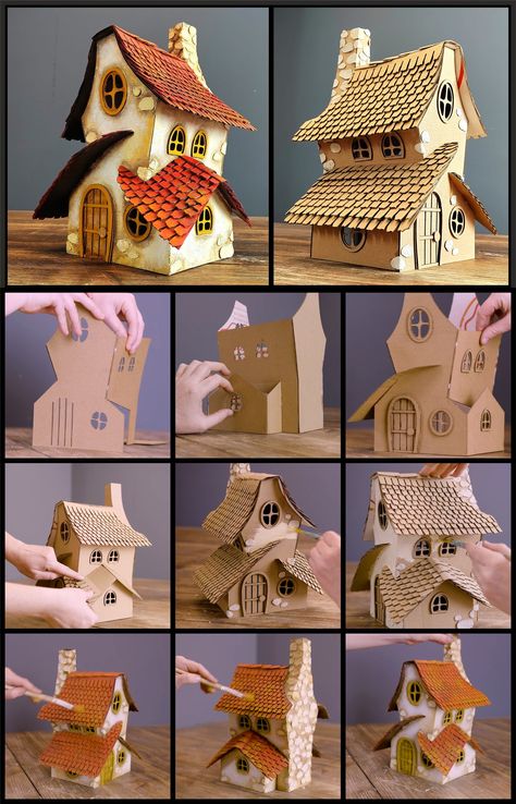 Creative Mom - ❤️DIY Crooked House❤️ (link in comments)⬇️⬇️⬇️ | Facebook Cardboard Art Sculpture, Cardboard Dollhouse, Haunted House Diy, Crooked House, Fairy House Crafts, Cardboard Box Crafts, Fairy House Diy, Creative Mom, Diy Doll Miniatures