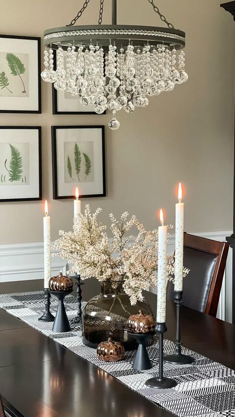 Dining Room Centerpiece Candlesticks, Dining Room Decor Centerpiece, Elegant Dining Room Table Runners, Gold Centerpieces Dining Room, Floral Dining Room Centerpiece, Farmhouse Bling Decor, Modern Dining Centerpiece, Candlestick Dining Table Centerpiece, How To Style Rectangle Dining Table