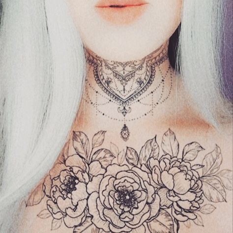 Womans Throat Tattoo Design, Jewelry Neck Tattoo, Womens Throat Tattoo Beautiful, Chandelier Neck Tattoo, Female Throat Tattoo Ideas Mandala, Full Front Neck Tattoos Women, Simple Throat Tattoos For Women, Girly Throat Tattoo, Women Throat Tattoo Ideas