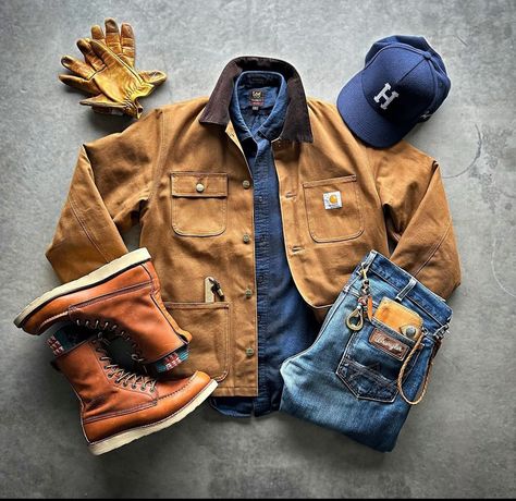 Winter Rugged Outfits Men, Worker Outfit Men, Cowboy Outfit For Men Casual, Rugged Style Men Outfit, Mens Rugged Style Outdoors, Moc Toe Boots Men Outfit, Work Wear Men Workwear, Workwear Outfit Men, Redwing Boots Outfit