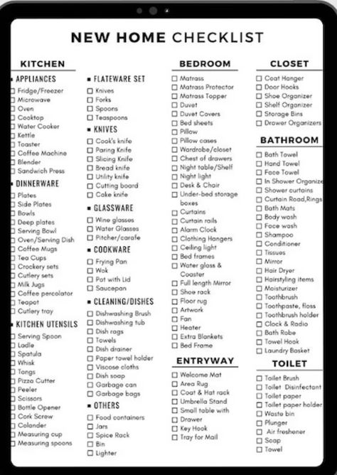 Starter Home List, Essential Things For New Home, Things Every House Needs, Glory Box Checklist, Household Essentials Checklist, Bedroom List For New Home, House Wants And Needs List, Home Registry List, List Of Furniture For New House