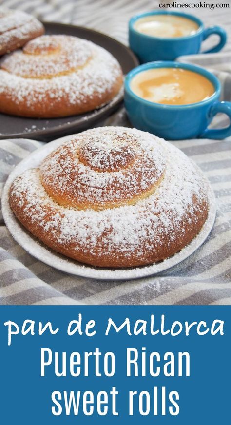 Pan de Mallorca are an egg-rich but light-textured, gently sweet bread roll from Puerto Rico. They're easy to recognize, coiled up and dusted with sugar, and make a delicious breakfast or snack. #sweetroll #puertoricanfood #bread #homemadebread Sweet Bread Rolls, New Year's Desserts, Puerto Rico Food, Boricua Recipes, Bread Roll, Sweet Rolls, Bake Dessert, Bake Desserts, Cuban Recipes