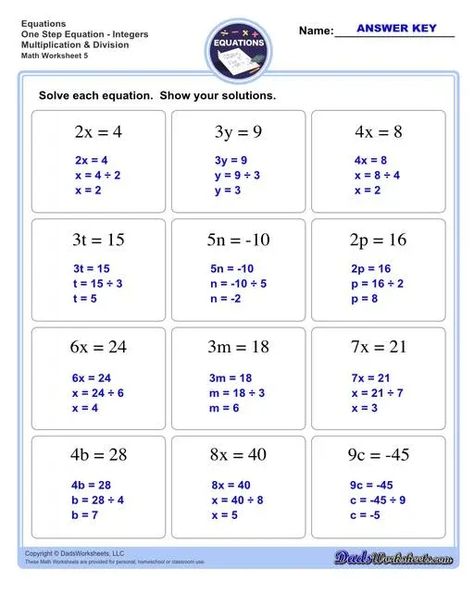 The one step equations worksheets on this page include problems with integers and fractions for a variety of math operations. These basic algebra worksheets are appropriate practice for 6th grade, 7th grade and 8th grade students. Full answer keys are included on the second page of each PDF file. https://www.dadsworksheets.com Basic Algebra Worksheets For Grade 6, Grade 8 Math Worksheets With Answers, Grade 10 Math Notes Philippines, Grade 7 Math Worksheets With Answers, 9 Grade Math, Gen Math Notes Grade 11, Grade 6 Math Notes, Math For 7th Grade, Grade 7 Maths Worksheets