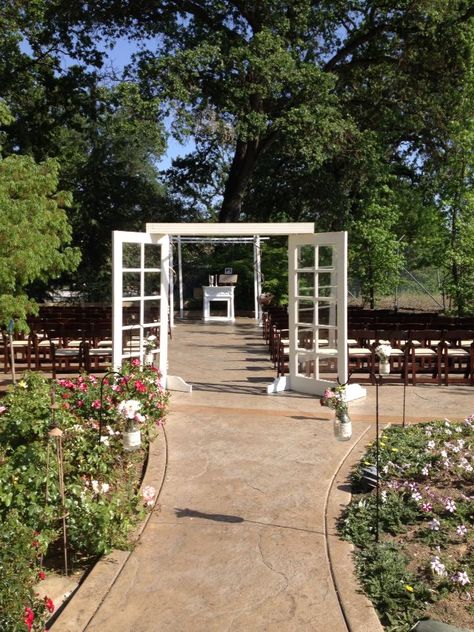 our open french doors as the entrance to the ceremony Old Doors For Wedding Entrance, Old Doors Wedding, Bridal Background, Arches Architecture, Junk Chic Cottage, Wedding Arbors, Backyard Wedding Ceremony, Colorful Minimalist, Romantic Outdoor Wedding