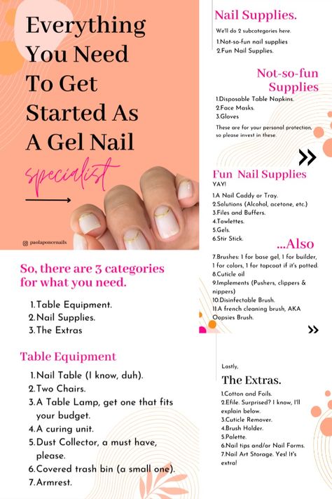 List of essential materials you need to start a career as a gel nail specialist Nail Career Education, Nail Salon Checklist, Nail Supply List For Beginners, Nail Tech Training, Acrylic Nail Supplies List For Beginners, List Of Nail Supplies For Beginners, Nail Tech Beginner Checklist, Nail Tech Business Plan, Nail Tech Beginner Supplies