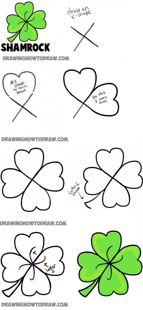 how to draw four leaf clovers and shamrocks Four Leaf Clover Drawing, Clover Painting, March Bullet Journal, St Patricks Crafts, How To Draw Steps, St Patrick's Day Decorations, 4 Leaf Clover, St Patrick's Day Crafts, Hur Man Målar