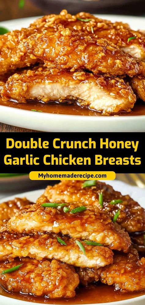 These honey garlic chicken breasts are crispy, sweet, and savory with a sticky honey glaze. A deliciously easy meal! Ingredients: 2 chicken breasts 1 cup flour ¼ cup honey 1 tsp garlic powder Serve this honey garlic chicken for a flavorful, satisfying dinner Chicken Recipes Garlic, Honey Ideas, Garlic Chicken Breast Recipes, Double Crunch, Glazed Chicken Breast, Baked Breaded Chicken, Honey Garlic Chicken Thighs, Chicken Recipes Easy Quick, Honey Glazed Chicken