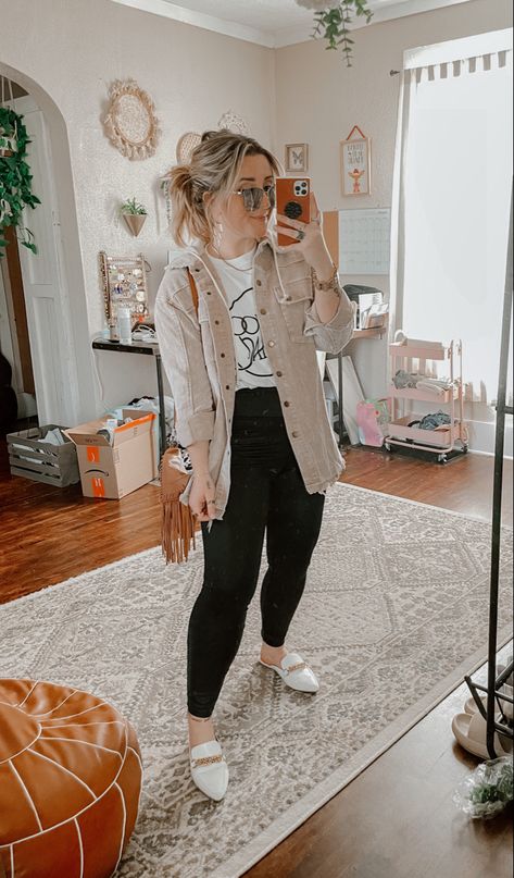 Womens Band Tee Outfit, Graphic Tee And Cardigan Outfit, Fall Graphic Tee Outfit, Style A Shacket, Style A Graphic Tee, Band Tee Outfits, Fall Thrift, Mules Outfit, Outfit Leggings