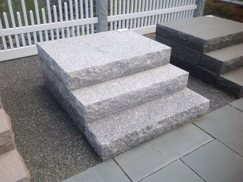 Granite steps Front Steps Ideas Stone, Granite Steps Front Door, Stair Skirting Ideas, Porch Steps Ideas, Steps Railing, Granite Steps, Front Porch Steps, Front Door Steps, Front Stairs