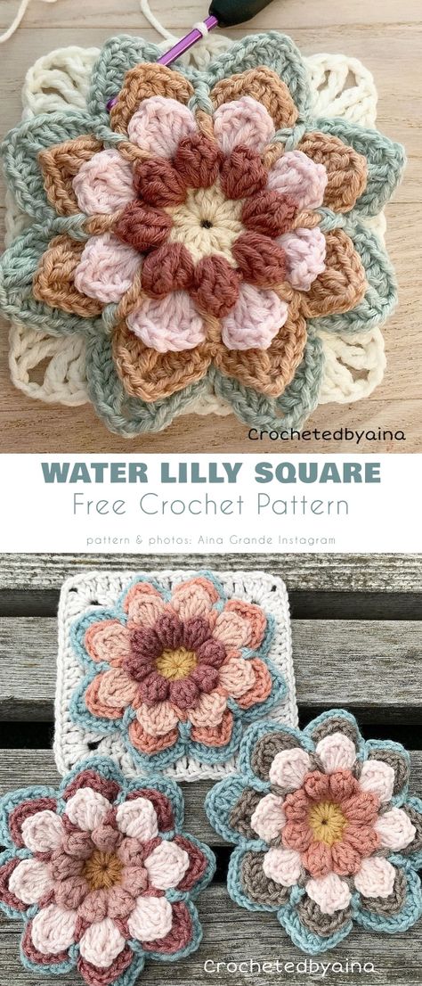 Water Lily Square 4 Free Crochet Patterns - Your Crochet Granny Square Flower Crochet Pattern, Fancy Granny Square Crochet, Flower Baby Blanket Crochet, 3d Flower Granny Square Pattern Free, Floral Granny Square Blanket, Lily Granny Square, Crochet Flower Free Pattern, Lily Pond Crochet Blanket, Flower Granny Square Pattern