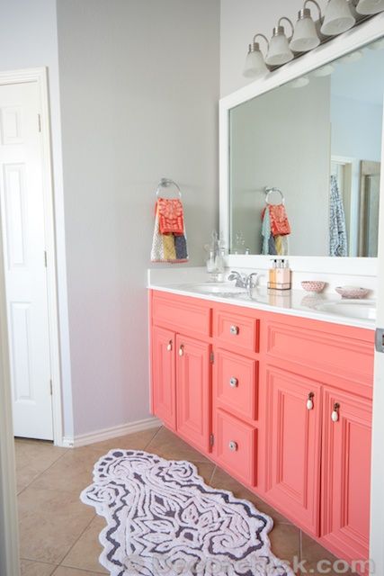 Paint Color-SW Agreeable Grey // Vanity Color-SW Coral Reef // Rugs, Towels & Hardware-Anthropologie // Coral Bathroom, Bathroom Decor Colors, Diy Bathroom Vanity, Gray Vanity, Girls Bathroom, Upstairs Bathrooms, Grey Bathrooms, Bathroom Colors, Bathroom Wall Decor