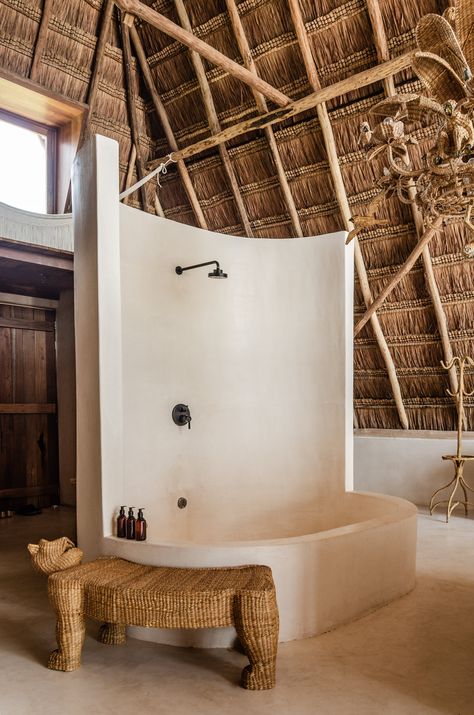 African House, Tulum Hotels, Mud House, Mini Pool, Thatched Roof, Bathroom Inspiration Decor, Village House Design, Outdoor Shower, Bathroom Inspiration