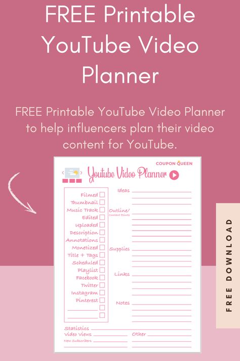 FREE Printable YouTube Video Planner Youtube Script Template, Video Planning Template, Youtube Planner Printable Free, Planning Youtube Content, Youtube Planner Template, Youtube Vlog Planner, Youtube Channel Planner, Youtube Video Script, Youtube Video Planner Template