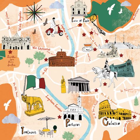 Rome, Italy Rome Map Illustration, Map Of Rome, Rome Map, Train Map, Travel Collage, Rome City, Different Artists, Italy Map, Happy Travels