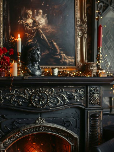 Whimsy Goth Home, Victorian Fireplace Mantels, Mantel Decoration Ideas, Gothic Fireplace, Gothic Farmhouse, Home Sweet Haunted Home, Dark Cottage Core, Mantel Decorating Ideas, Moody Home