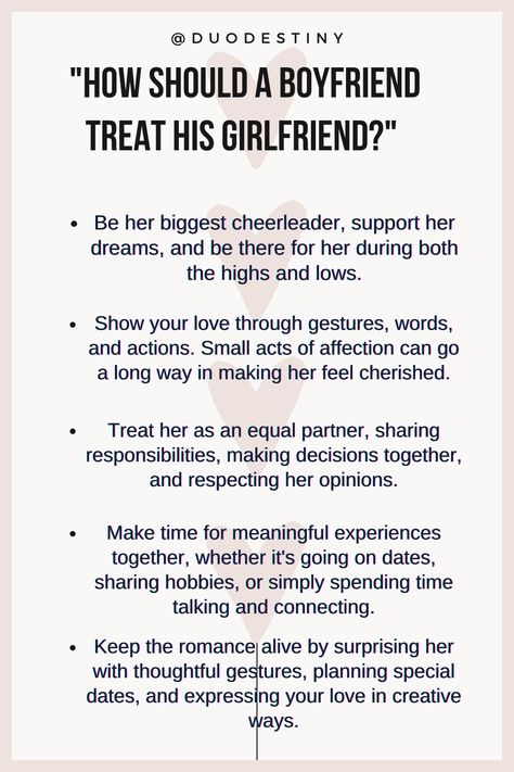 Elevate your relationship game with these essential tips on how to treat your girlfriend right! From small gestures to meaningful actions, discover the keys to being a loving and supportive partner. #BoyfriendTips #RelationshipAdvice #LoveTips #TreatHerRight How To Treat Your Girlfriend Quotes, How To Treat Your Girlfriend Tips, How To Become A Better Boyfriend, How To Appreciate Your Girlfriend, How To Be Good Girlfriend, How A Boyfriend Should Treat You, How To Show Love To Your Girlfriend, How To Support Your Boyfriend, How To Be A Better Boyfriend