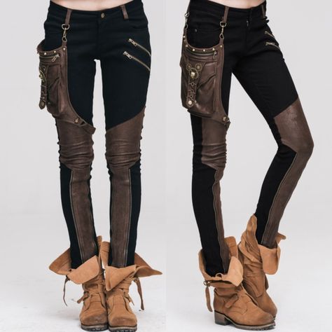 Fallout Inspired Outfits, Dnd Pants, Steampunk Pants For Women, Leather Pants Fantasy Outfit, Fantasy Leather Pants, Punk Style Cosplay Pants With Pockets, Steampunk Outfits Women Pants, Medieval Pants Women, Steampunk Pants Women