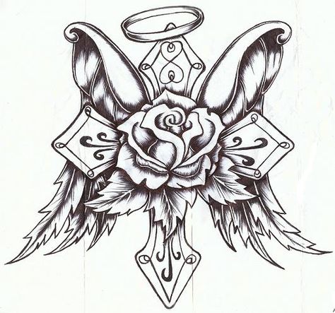 Cross Rose with Wings by P-Nuthouse.deviantart.com on @DeviantArt Cross With Wings, Images Noêl Vintages, Tattoo Painting, Cross Drawing, Rose Flower Tattoos, Rose Drawing Tattoo, Roses Tattoo, Cross Tattoo Designs, Angel Wings Tattoo